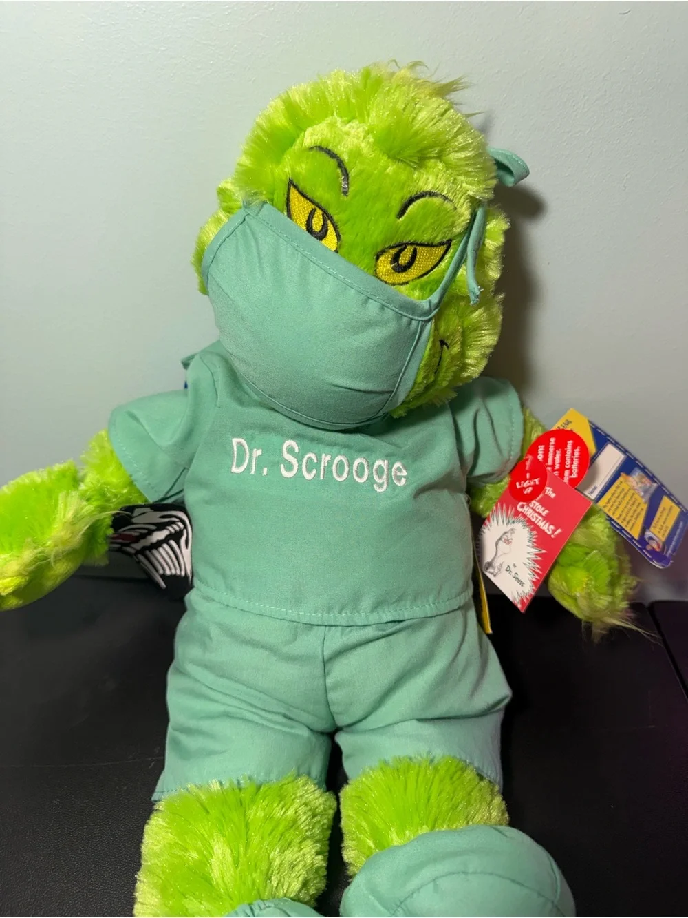 Grinch Plush Build a Bear in scrubs with light up heart